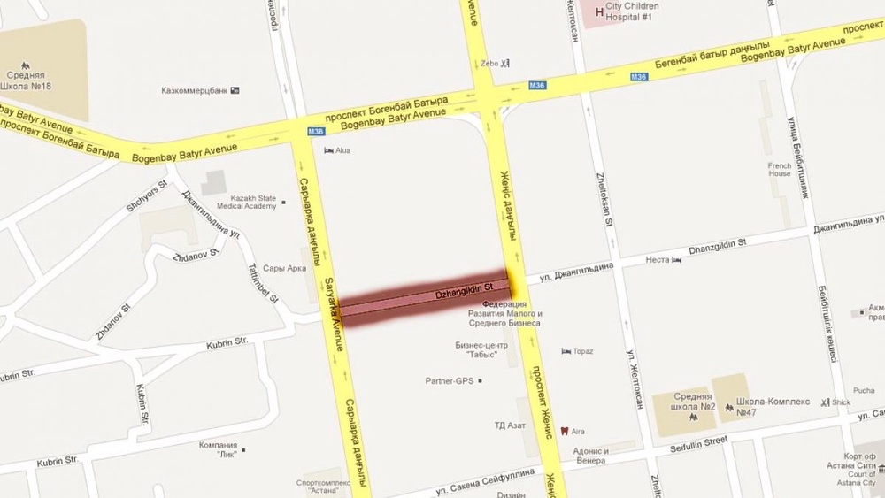Красным цветом, обозначено участок улицы Джангильдина. Скриншот с google map