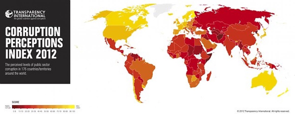 Карта коррумпированности стран. Чем темнее цвет, тем сильнее коррупция. 
