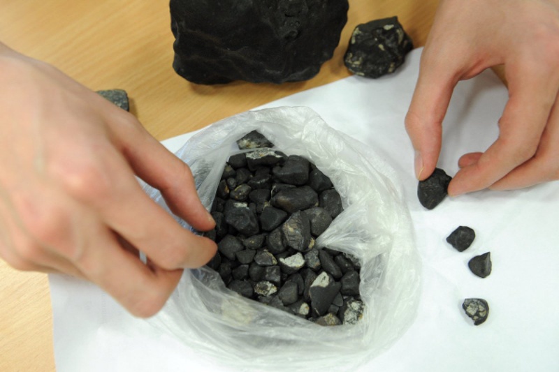 Изучение осколков метеорита, найденных в Челябинской области. Фото ©РИА Новости