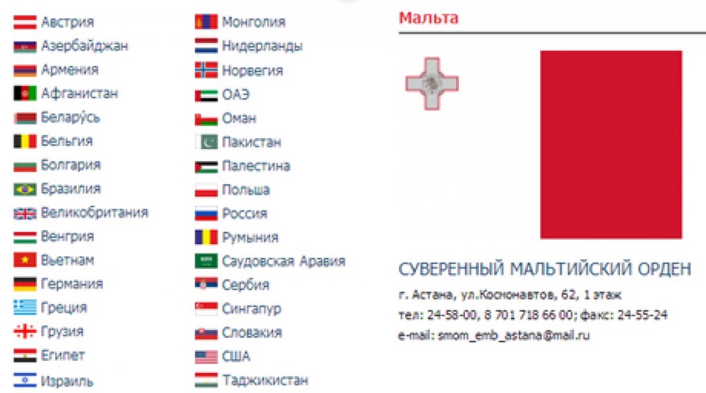 Реквизиты Мальтийского Ордена и флаг Мальты. Скриншот mfa.kz. 