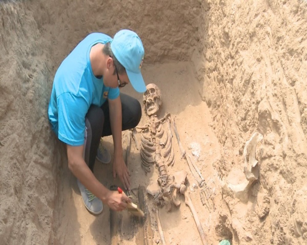 Участник экспедиции изучает древнее захоронение сарматской эпохи. Фото Унербека Жанабаева