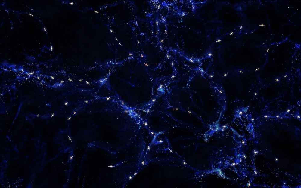 Художественное изображение ориентации квазаров вдоль нитевидных крупномасштабных структур. © ESO