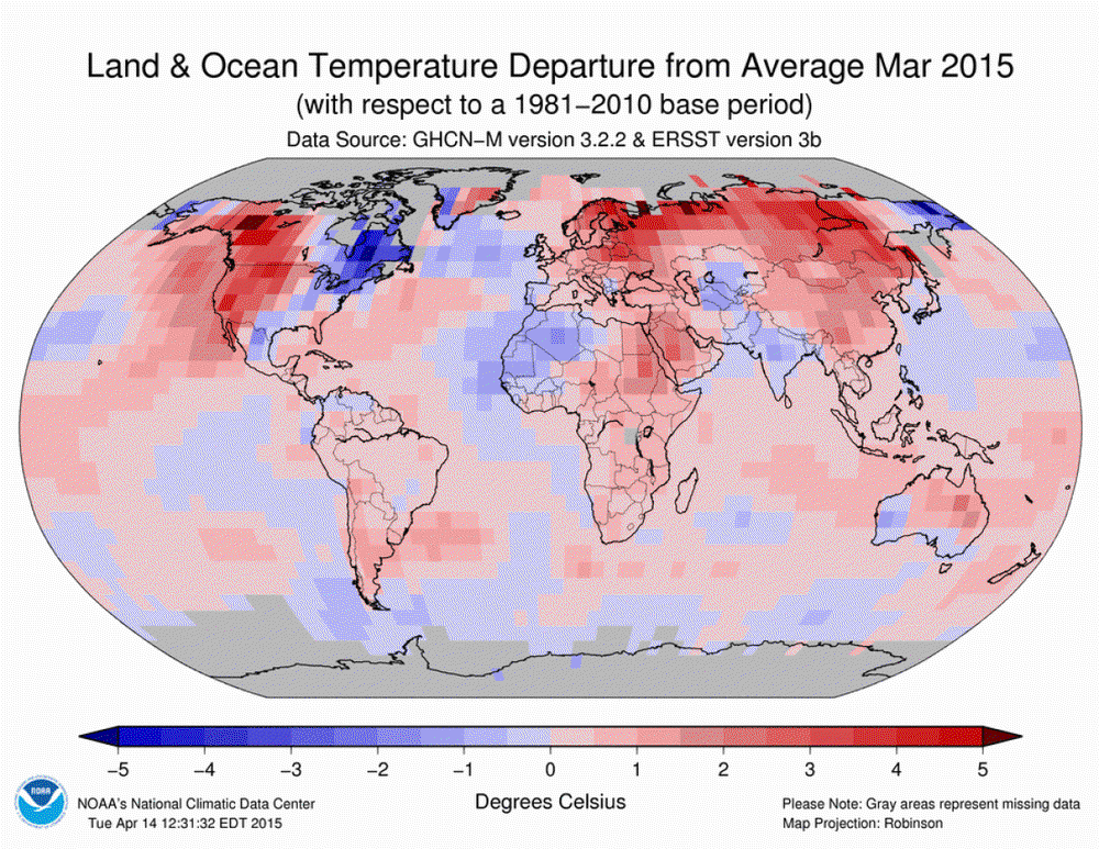 Средняя температура марта 2015 года по сравнению с этим показателем в период с 1981 по 2010 год. Иллюстрация: Национальное управление океанических и атмосферных исследований США