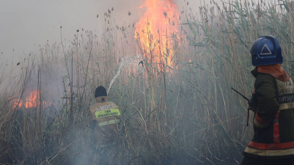Пожарные Астаны тушат горение сухостоя с вертолетов
