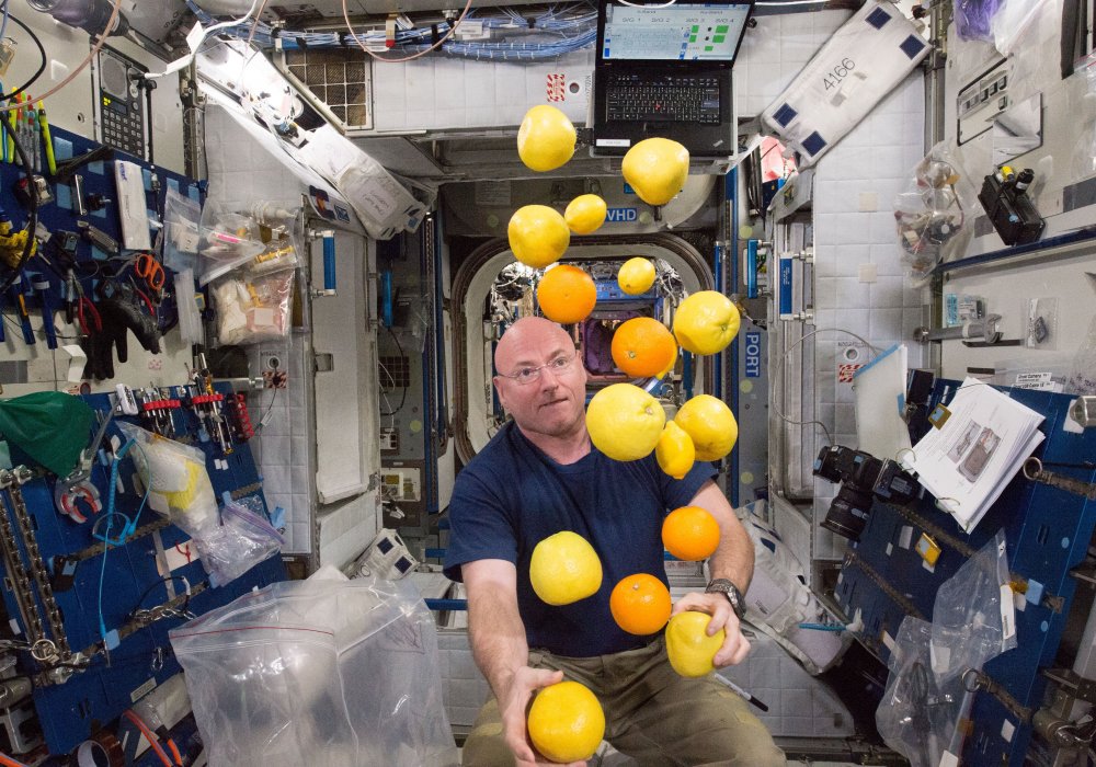 <p>Астронавт NASA Скотт Келли в окружении фруктов. В миссию американца входило изучение влияния пребывания в космосе на обмен веществ в организме. Фото NASA&copy;</p>