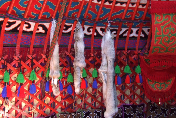 Кыргызская юрта хранит богатство народа - кожа, шкура лисы, охотничьи принадлежности и утварь ©Роза Есенкулова 