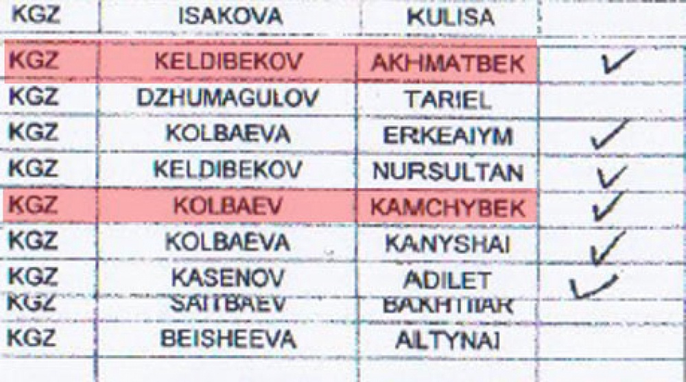 Список пассажиров, летевших рейсом №454 по маршруту "Дубаи - Бишкек" в январе 2011 года