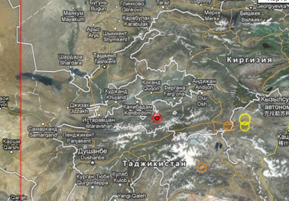 Карта с указанием эпицентра землетрясения в Кыргызстане с сайта emsc-csem.org