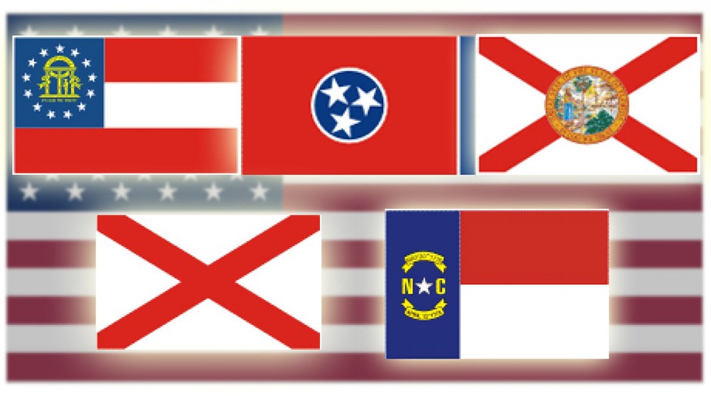 Флаги штатов Джорджия, Теннесси, Флорида, Алабама, Северная Каролина. Иллюстрация tengrinews.kz