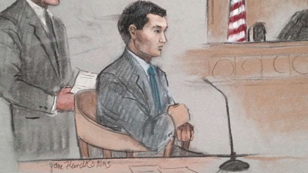 Азамат Тажаяков в федеральном суде. Фото с сайта boston.cbslocal.com/Sketch courtesy: Jane Flavell Collins