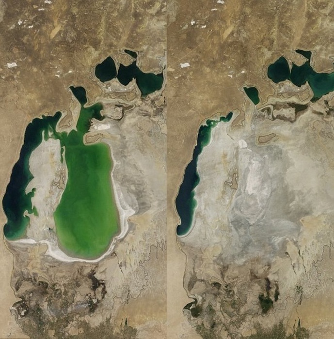 Снимки Аральского моря в 2000 году (слева) и в августе 2014 года (справа). © NASA