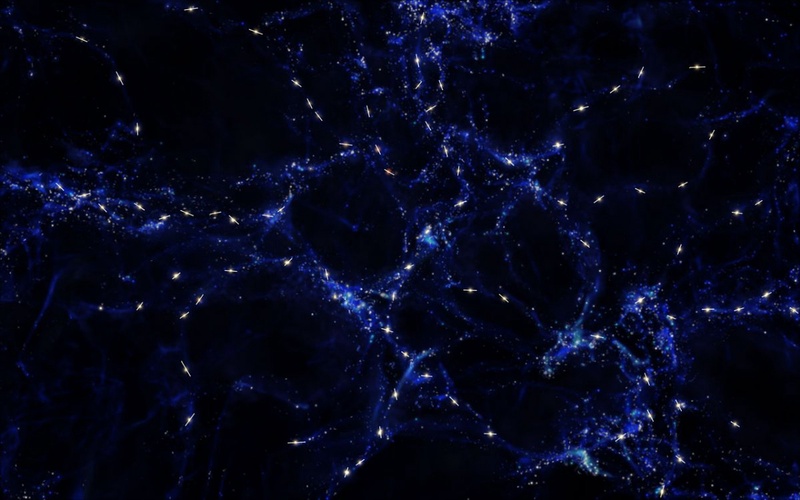 Художественное изображение ориентации квазаров вдоль нитевидных крупномасштабных структур. © ESO