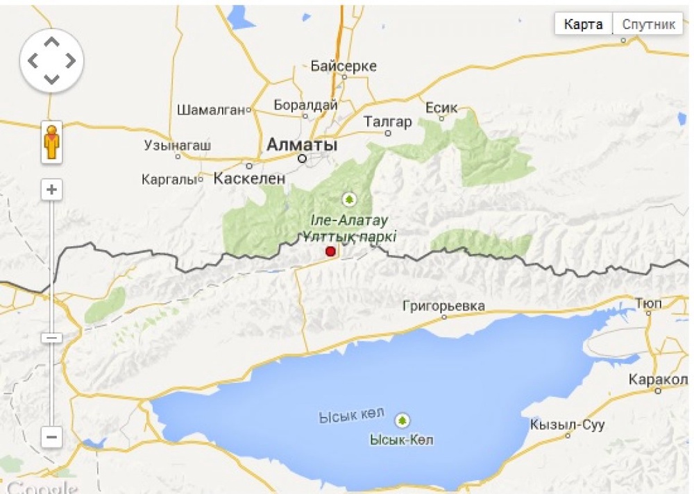 Карта с указанием эпицентра землетрясения с сайта some.kz