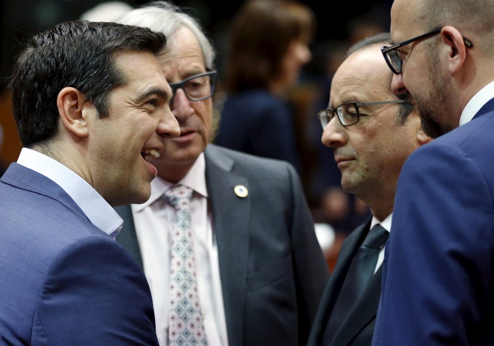 Алексис Ципрас, Жан-Клод Юнкер, Франсуа Олланд и Шарль Мишель на саммите лидеров еврозоны в Брюсселе. Фото ©REUTERS