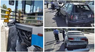 Пассажирский автобус снес бетонное ограждение и едва не упал с моста в Алматы