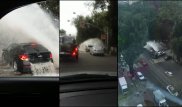 Мощный фонтан из-за прорыва трубы затопил автомобиль в центре Алматы