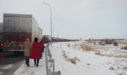 Десятки грузовиков встали на трассе Шымкент - Тараз из-за непогоды