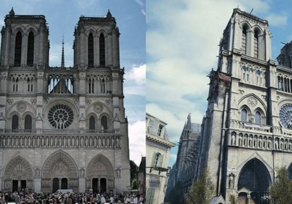 Реальный снимок собора (слева) и изображение из игры Assassin's Creed Unity