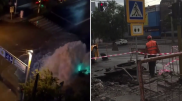 Фонтан горячей воды разбил машины и светофор в Алматы