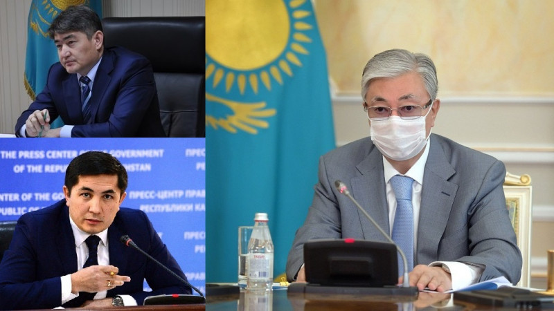 Президент Касым-Жомарт Токаева (справа), а также экс-глава ФОМС Айбатыр Жумагулов (слева наверху) и бывший глава "СК-Фармация" Шарип Берик (слева внизу)