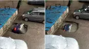 Авто за несколько секунд затянуло под землю в Индии