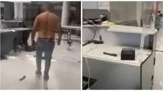 Пассажир разгромил терминал и порезал себя стеклом: видео