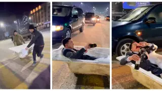 Блогер принял ванну на пешеходном переходе в центре Талгара