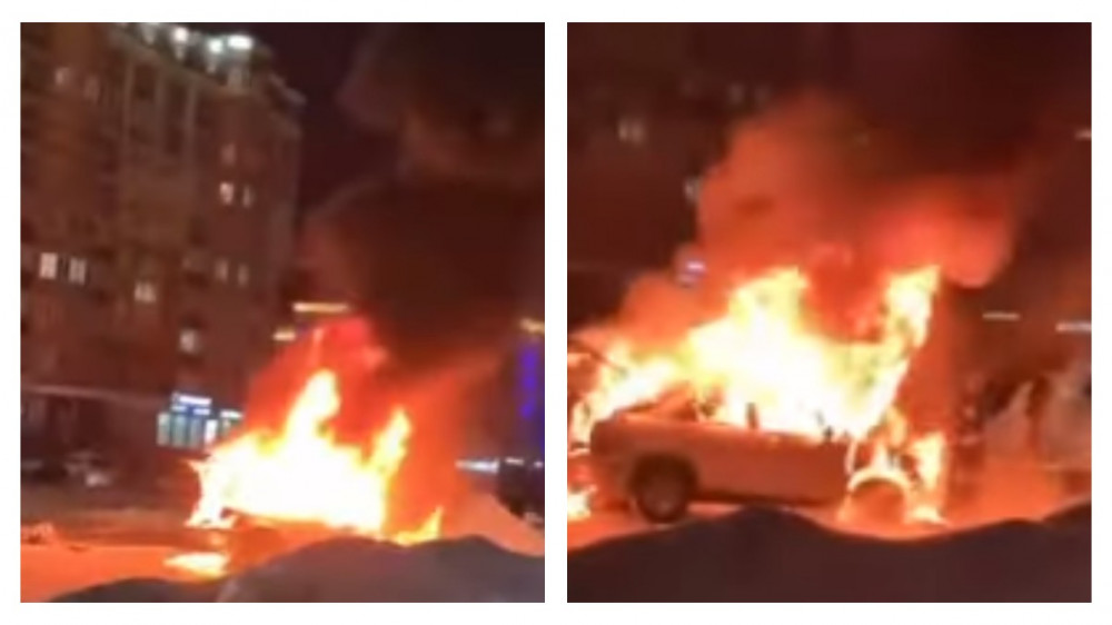 Машина загорелась в Актобе:  хлопки во время пожара напугали очевидцев
