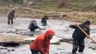 Голыми руками ловят рыбу после прорыва дамбы на озере близ Алматы