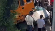 Автомобиль зажало между грузовиком и опорой билборда в Алматы