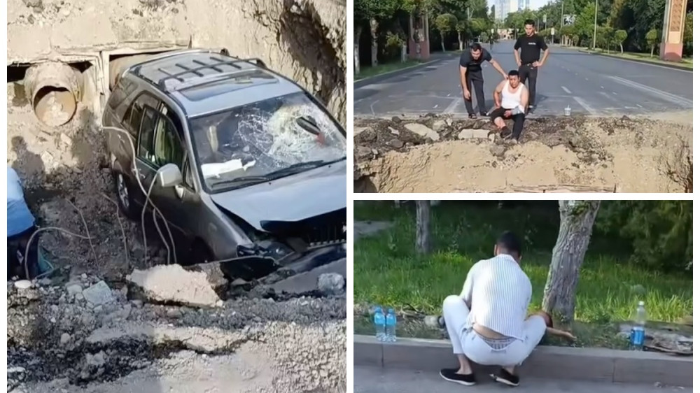 В огромную яму упал автомобиль с людьми на улице в Таразе
