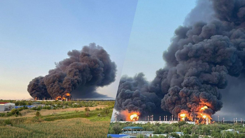 Пожар на нефтебазе в Энгельсе. Коллаж УНИАН
