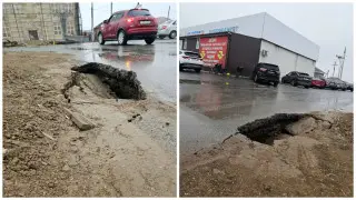 Дорога провалилась после дождя в Атырау