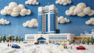 Здание правительства Казахстана сделанное при помощи нейросетей в "вязаном" стиле