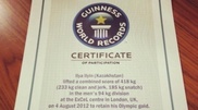 Weightlifting: Kazakhstan's Ilya Ilyin got Guiness Book Records certificate