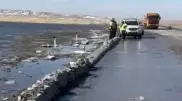 Road flooded due to melting snow in Pavlodar region