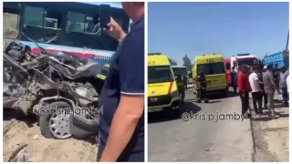 ‘Train, bus and Mercedes collide’: Accident at railway crossing in Taraz